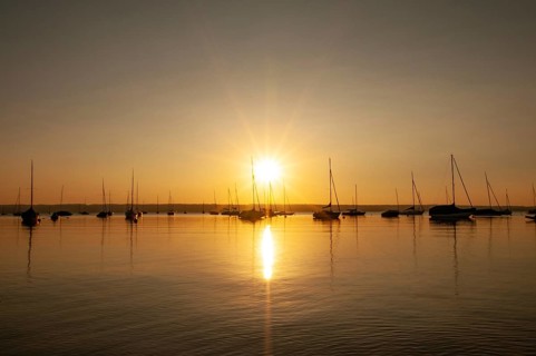 Sunset over the Lake Ammer near Herrsching, Bavaria, Germany, Europe