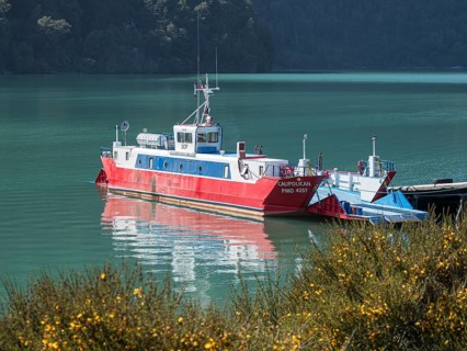 Ferry at the Tagua Tagua lake, near Puelo, Chile, South America