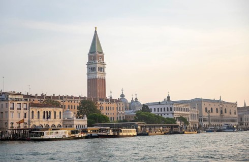 View over the lagoon to the Campanile and Doge's Palace, Venice, Veneto, Italy, Europe