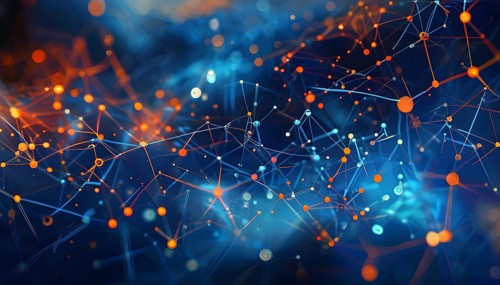 Symbol for artificial intelligence, lines, dots and pattern, vibrant blue and orange hues, abstract