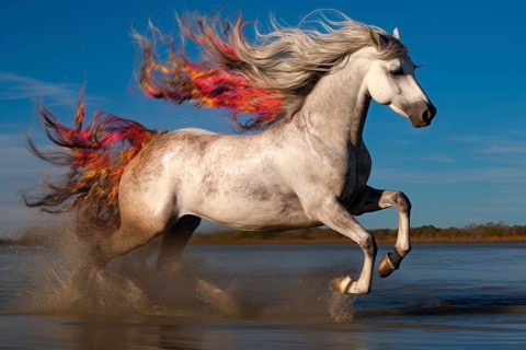 White horse with a flamboyant mane galloping in the water, AI generated