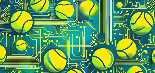 Vibrant mix of abstract circuitry intertwined with tennis balls, representing AI role in