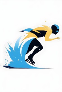 Ice speed skater illustration, depicted as a minimalist silhouette in motion in contrasting vibrant