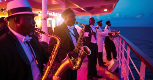 Band of musicians playing on cruise ship. Dream vacation on sailing cruise ship with entertainment,