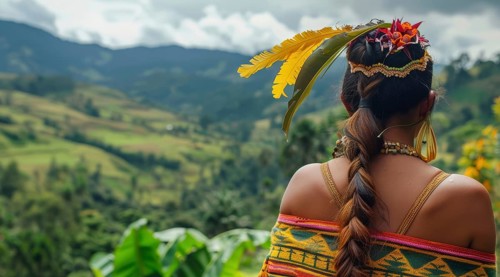 Smiling native indigenous people of Colombia and South America, dressed in colorful native clothes,