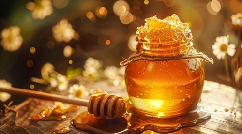 A jar of organic honey on a table next to a honeycomb, AI generated