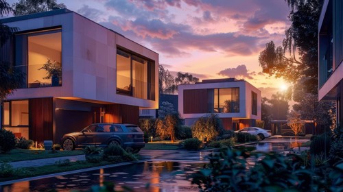 Luxury modern condo apartment complex exterior in upscale expensive neighborhood, AI generated