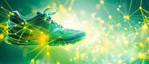 Sporting equipment, like a running shoe, breaking into pixels and data points, morphing into a