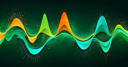 Abstract illustration of digital wave forms and circuits converging to form abstract symbols of