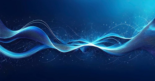Abstract illustration of digital wave forms and circuits converging to form abstract symbols of