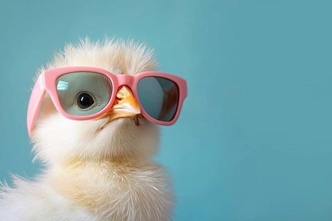 Young chick with sunglasses in fornt of blue background with copy space. Generative Ai, AI