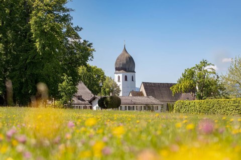 Frauenwörth bell tower, Fraueninsel, Chiemsee, Bavaria, Germany, Europe