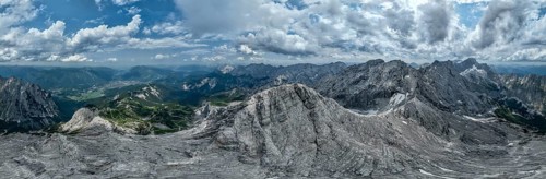 Alpine panorama, aerial view, 360° view from the Alpspitze, high mountains, Bavaria, Germany,