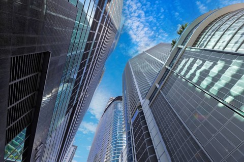 Miami downtown financial skyline and business shopping center near Biscayne bay and South beach .