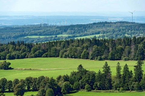 View of the Upper Nidda Valley, forests, fields and wind turbines, wind turbines, viewpoint from