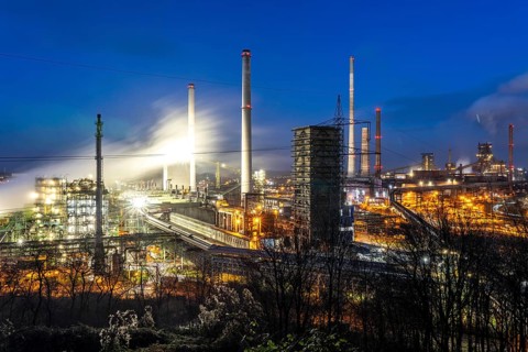 The Thyssenkrupp Steel steelworks in Duisburg-Marxloh, on the Rhine, quenching tower of the coking