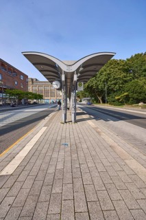 Central bus station ZOB with covered bus platforms 2 and 3, trees, general architecture,