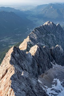Steep rocky ridge in the evening light, Waxensteinkamm, with summit Waxenstein, view from the