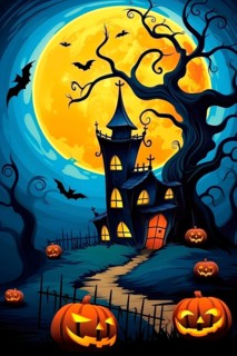 Year 60s and 70s Halloween poster with pumpkin and a fairy tale house under full moon, Bats Flying