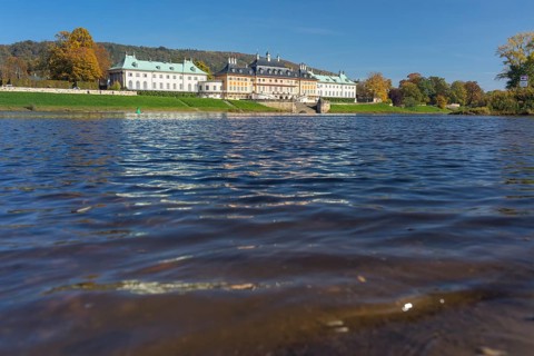 Pillnitz Palace, Water Palace seen across the Elbe, Dresden, Saxony, Germany, Europe