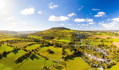 Eastern view of the Pöhlberg with the village of Geyersdorf from the air, Erzgebirge, Saxony,