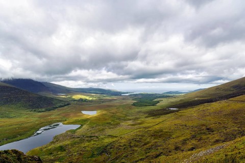 View from Connor Pass, also Conor Pass, to Brandon Bay, coastline, Dingle Peninsula, County Kerry,