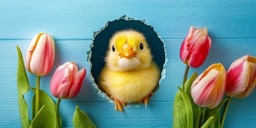 Banner with Easter chick peeking through hole in pink wall with tulip spring flowers. Generative