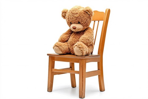 Sad teddy bear toy sitting on wooden chair on white background. Generative Ai, AI generated
