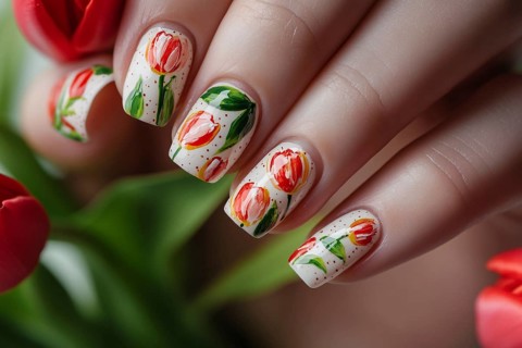 Woman's hand with beautiful spring themed nail art design with red tulip flowers . Generative AI,