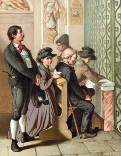 Traditional costumes in Germany around 1820, Tyrol, upper Inn Valley, group of people in