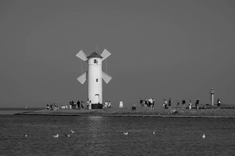 Mill beacon on the pier, Swinemünde, Usedom Island, Baltic Sea, Poland, Europe