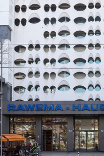 Historic façade in the style of Eastern Modernism and entrance area, Rawema building in Chemnitz,