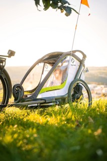 Modern bicycle trailer in a meadow in the soft light of dusk, e-bike, forest bike, Calw, district