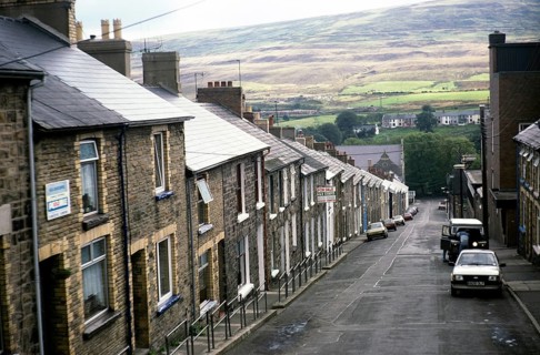 Steeply sloping street with Victorian terraced houses, Park Street, Blaenavon, Torfaen, South Wales