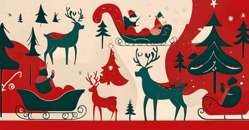 Whimsical abstract scene with stylized reindeer and sleighs to capture the magic of Christmas, AI