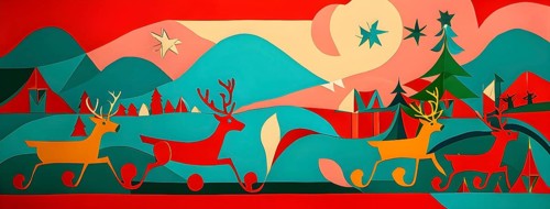 Whimsical abstract scene with stylized reindeer and sleighs to capture the magic of Christmas, AI