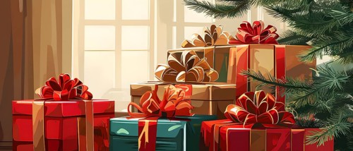 Abstract illustration of wrapped Christmas gifts, shiny ribbons and bows, stacked under a evergreen