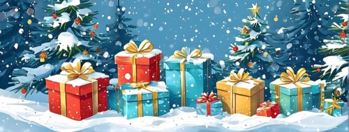 Abstract illustration of wrapped Christmas gifts, shiny ribbons and bows, stacked under a