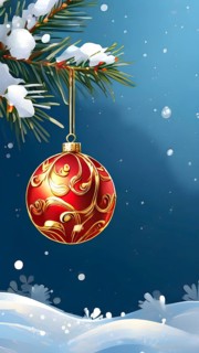 Abstract illustration of a set of ornate Christmas ornaments hanging on a snow-covered pine tree