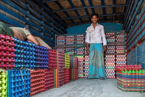 Man, egg seller, lorry with egg cartons, Rameswaram or Rameshwaram, Pamban Island, Tamil Nadu,