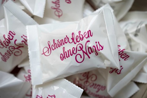 Fortune biscuits with the inscription, Schöner leben ohne Nazis, a campaign by Aktionsbuendnis