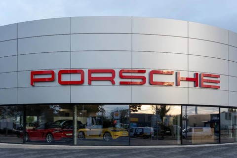 Porsche lettering, Porsche Centre in Magdeburg, Saxony-Anhalt, Germany, Europe