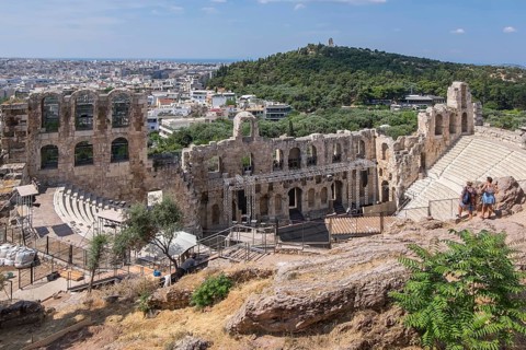 View from the Acropolis to the Odeon of Herodes Atticus and Athens, Greece, Europe