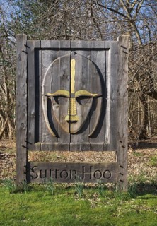 Saxon helmet entrance sign at Sutton Hoo Anglo-saxon burial site, near Woodbridge, Suffolk,