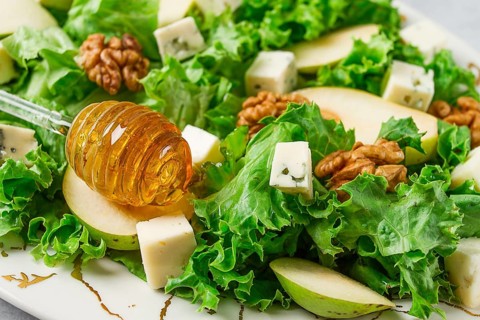 Keto Salad, pear with blue cheese and walnut, selective focus, no people, close-up