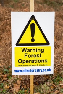 Warning forestry operations sign on Upper Hollesley Common, Suffolk, England, UK