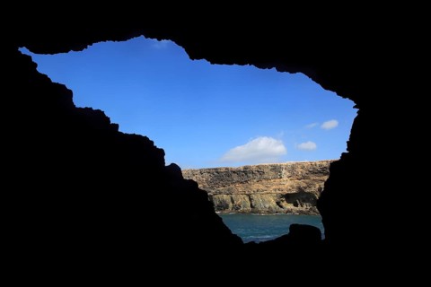 View out of sea cave entrance at Ajuy, Fuerteventura, Canary Islands, Spain, Europe