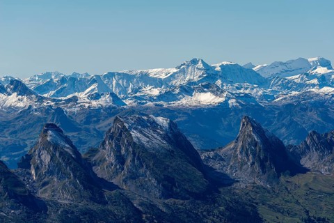 View from the alpine peak Säntis to the Appenzell Alps, 2505m altitude, Schwägalp, snow-covered