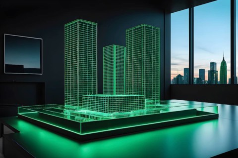 Hologram green skyscraper wireframe on table, ai generated, AI generated
