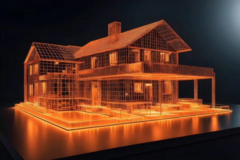 Hologram orange house architecture wireframe on table, ai generated, AI generated